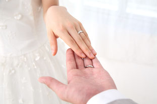 結婚指輪を手渡す二人